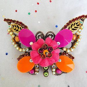 FRENCH FANCY ANTIQUED BRONZE BUTTERLY PIN W/COLORFUL BEADS & CUPPED CRYSTALS